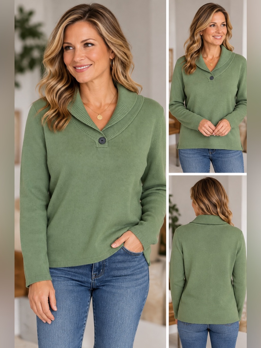 Relativity Y2K Sage Green 100% Cotton Shawl Collar Sweater L Made in UK. Classic